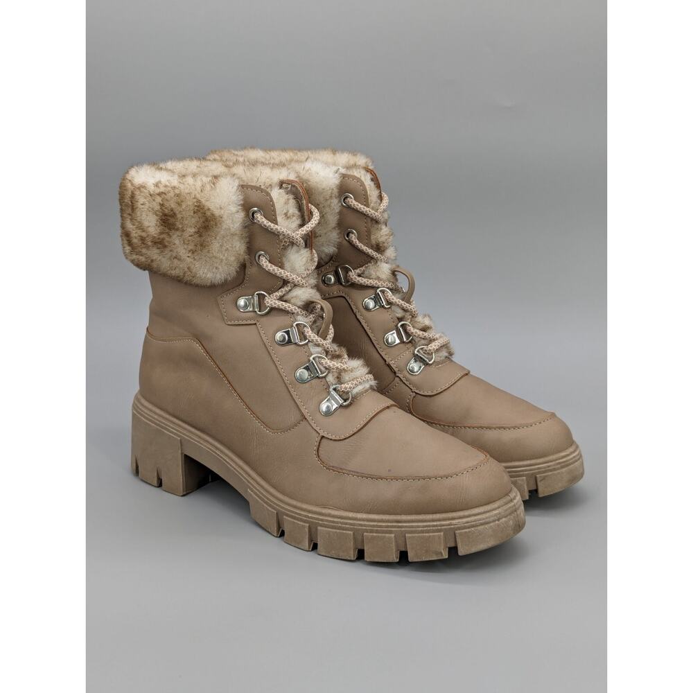 Qupid Women's Tan Faux Fur Trim Combat Ankle Heel Boots Booties Size 9